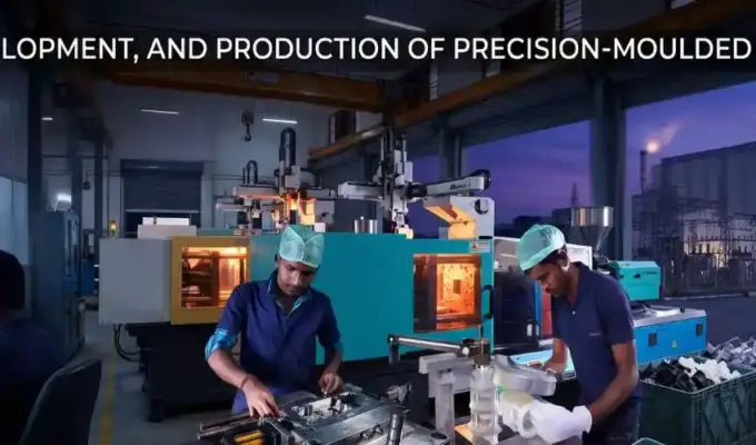 A cinematic, wide-angle shot of a precision-moulded plastic parts facility showing design, production, and quality control, with an industrial building in the background