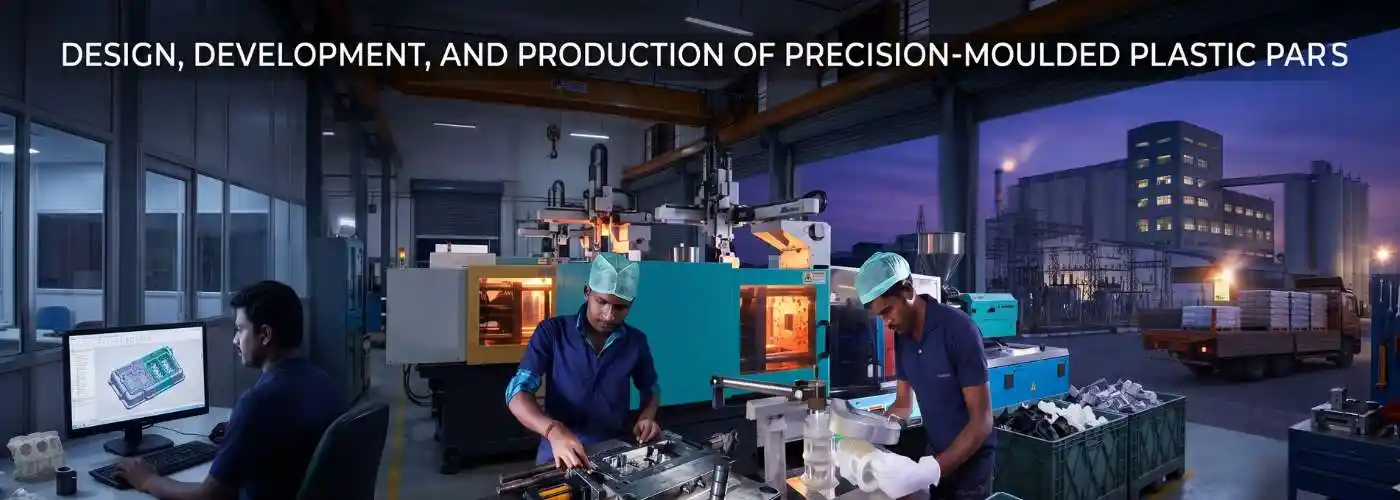 A cinematic, wide-angle shot of a precision-moulded plastic parts facility showing design, production, and quality control, with an industrial building in the background