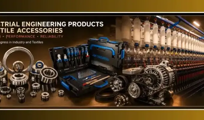 Industrial engineering products and textile accessories banner featuring bearings, tools, machinery components, textile manufacturing equipment, and an Indian technician in an industrial environment