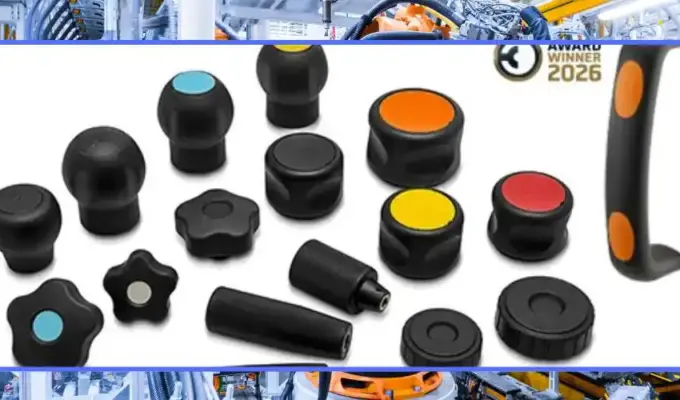 Industrial operating elements including clamping knobs, clamping levers, control handles, and machine adjustment components for automation systems