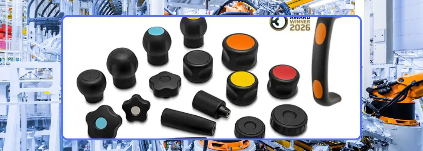 Industrial operating elements including clamping knobs, clamping levers, control handles, and machine adjustment components for automation systems