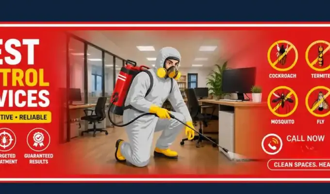 Indian pest control technician in protective safety gear performing pest treatment inside a modern office environment with red background promotional banner design