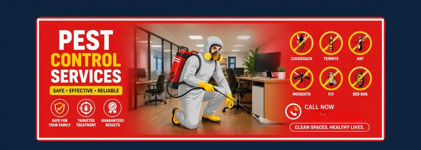 Indian pest control technician in protective safety gear performing pest treatment inside a modern office environment with red background promotional banner design