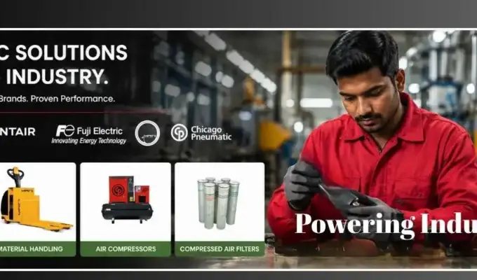 Indian technician in a red uniform inspecting pneumatic products in a modern industrial automation facility with air compressors, filters, and automation equipment