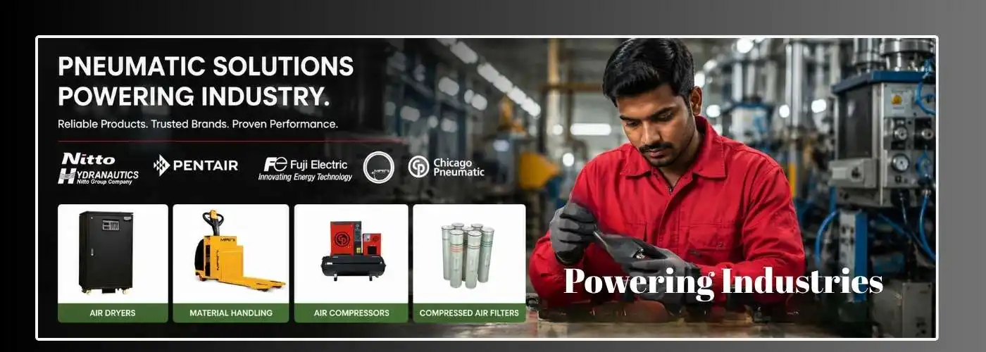 Indian technician in a red uniform inspecting pneumatic products in a modern industrial automation facility with air compressors, filters, and automation equipment