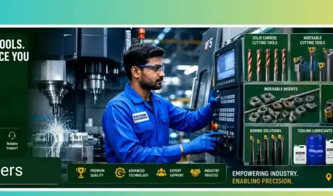 Indian CNC machine operator in blue uniform using advanced machining equipment with carbide cutting tools, Sumitomo tooling, inserts, boring bars, threading tools and industrial lubricants in a modern manufacturing facility