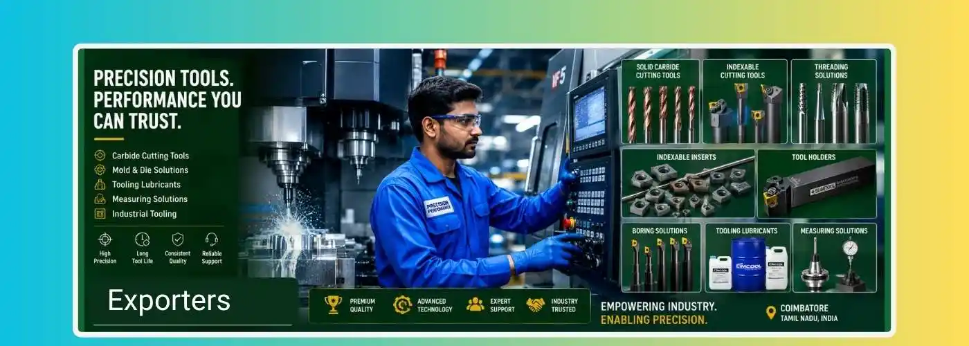Indian CNC machine operator in blue uniform using advanced machining equipment with carbide cutting tools, Sumitomo tooling, inserts, boring bars, threading tools and industrial lubricants in a modern manufacturing facility