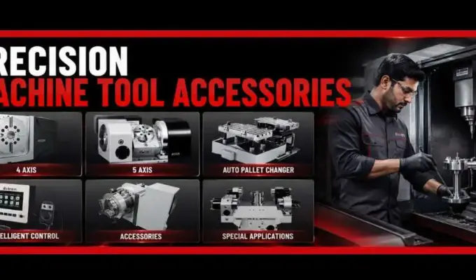 Precision machine tool accessories including 4-axis and 5-axis rotary tables, auto pallet changers, intelligent controls, and CNC machine accessories for industrial applications