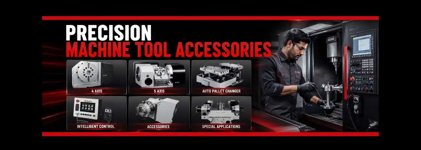 Precision machine tool accessories including 4-axis and 5-axis rotary tables, auto pallet changers, intelligent controls, and CNC machine accessories for industrial applications