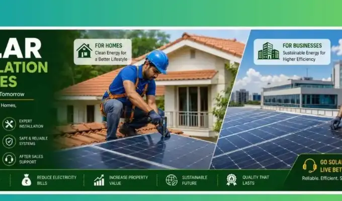 Indian solar technicians in bright blue uniforms installing solar panels on a residential home and a commercial building rooftop for clean energy generation