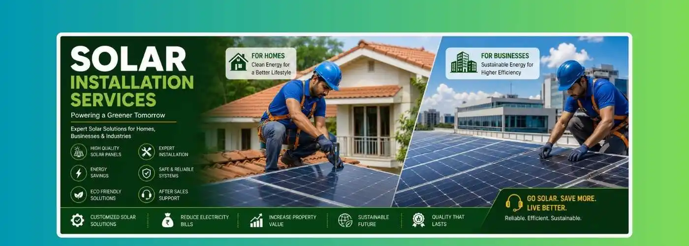 Indian solar technicians in bright blue uniforms installing solar panels on a residential home and a commercial building rooftop for clean energy generation