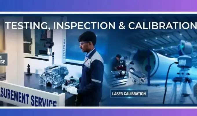 Indian technician performing industrial metrology, CMM measurement service, and laser calibration on advanced machinery with a blue cinematic background