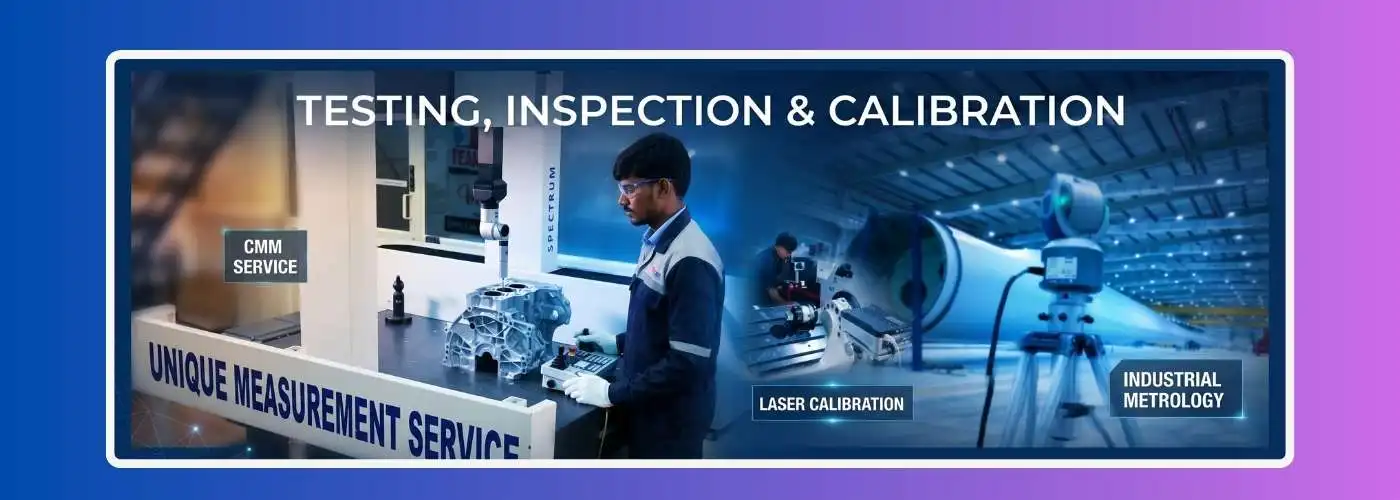 Indian technician performing industrial metrology, CMM measurement service, and laser calibration on advanced machinery with a blue cinematic background