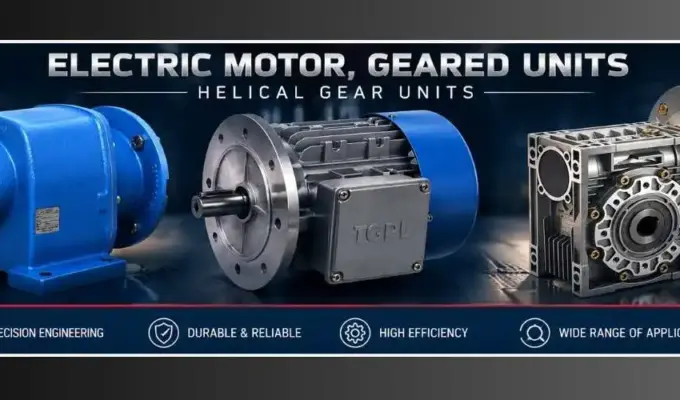 Transtech Gears Private Limited electric motor, geared units and helical gear units industrial product banner featuring precision-engineered gearboxes and motor solutions