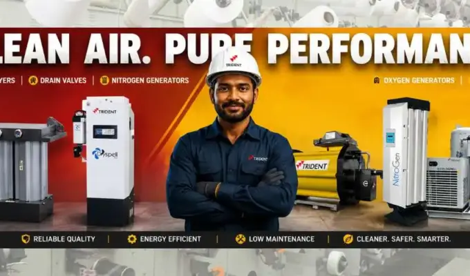 Industrial compressed air solutions featuring Trident air dryers, drain valves, nitrogen generators, oxygen generators, filters, and an Indian technician on a modern red and yellow background