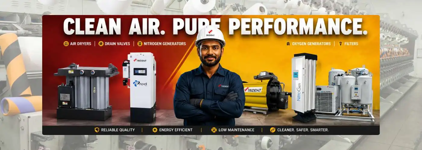 Industrial compressed air solutions featuring Trident air dryers, drain valves, nitrogen generators, oxygen generators, filters, and an Indian technician on a modern red and yellow background
