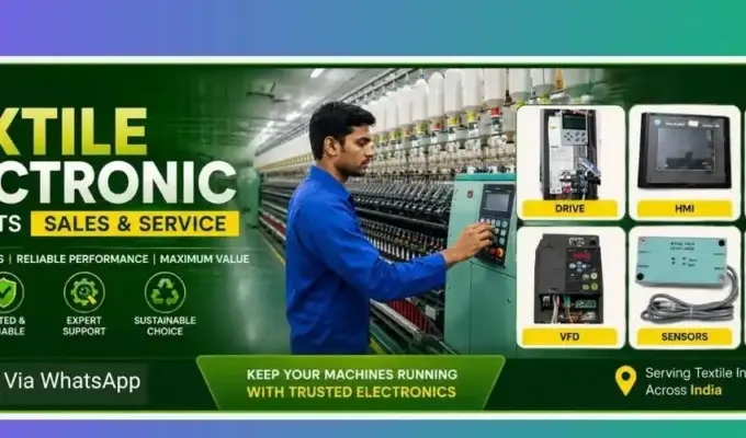Indian technician in blue uniform servicing textile electronic products including drives, HMI panels, controllers, sensors, keypads, and inverters inside a modern yarn spinning mill