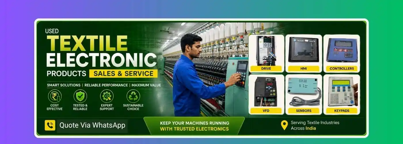Indian technician in blue uniform servicing textile electronic products including drives, HMI panels, controllers, sensors, keypads, and inverters inside a modern yarn spinning mill