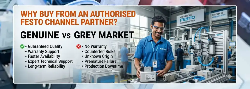 An Indian technician in a modern industrial setting holding a genuine Festo pneumatic component, emphasizing the benefits of purchasing from an Authorised Festo Channel Partner versus the risks of grey market parts.
