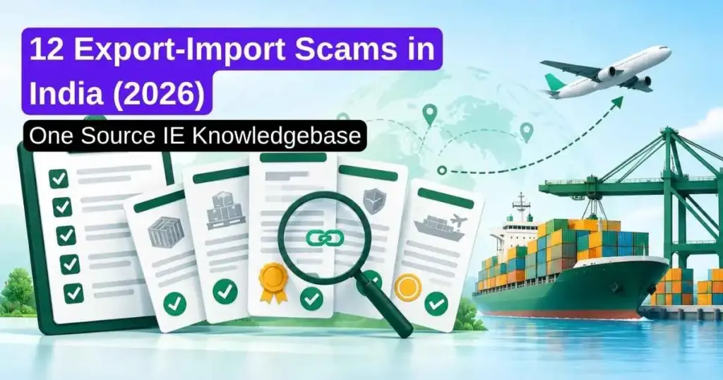 Illustration showing protection against export-import scams in India with fraud checks, secure documents and verified international trade