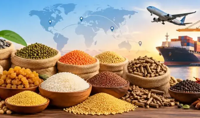 Agricultural commodities including oil seeds, pulses, millets, raisins, rice, grains, animal feed and spices for international export