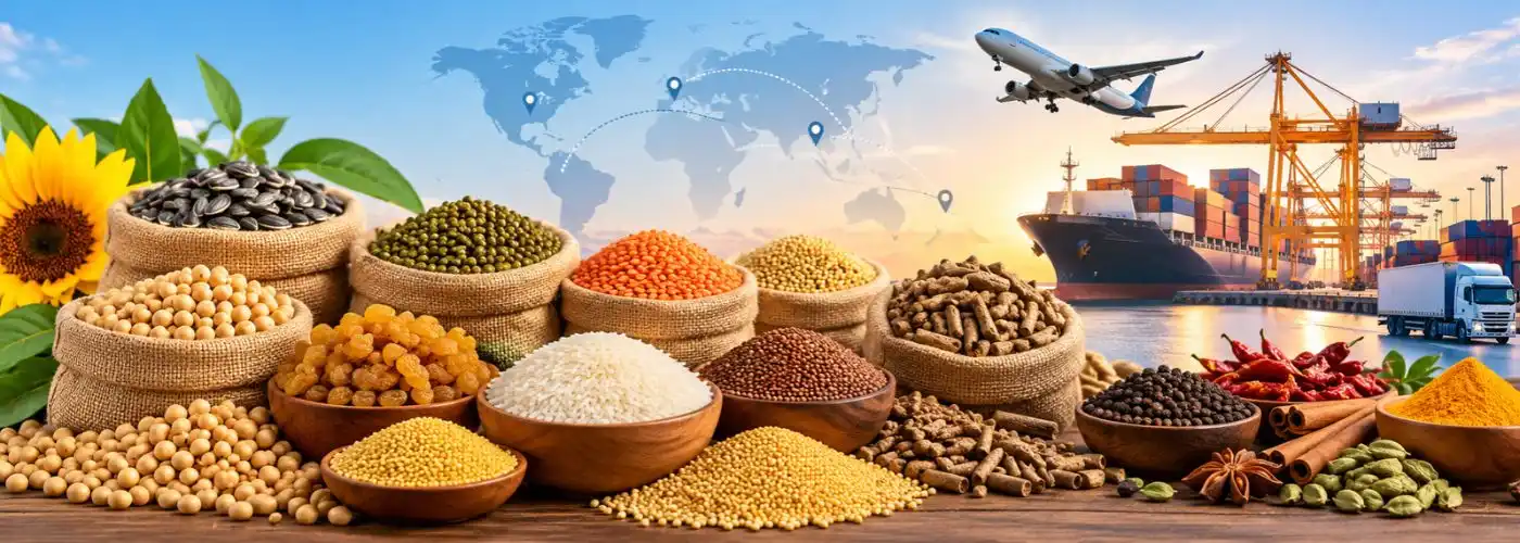 Agricultural commodities including oil seeds, pulses, millets, raisins, rice, grains, animal feed and spices for international export