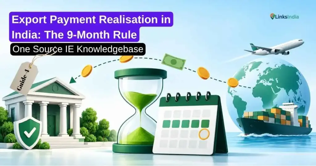 Export payment realisation in India shown through a bank, global trade route, hourglass, calendar and compliance shield