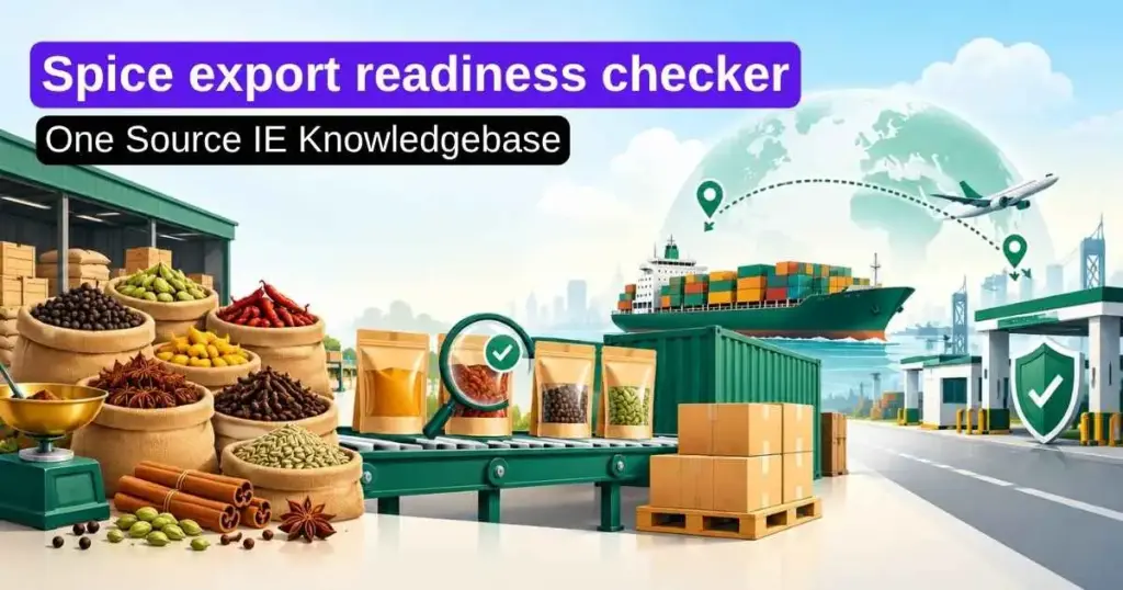 Illustration showing the spice export journey from India through quality checks, shipping and customs to international markets