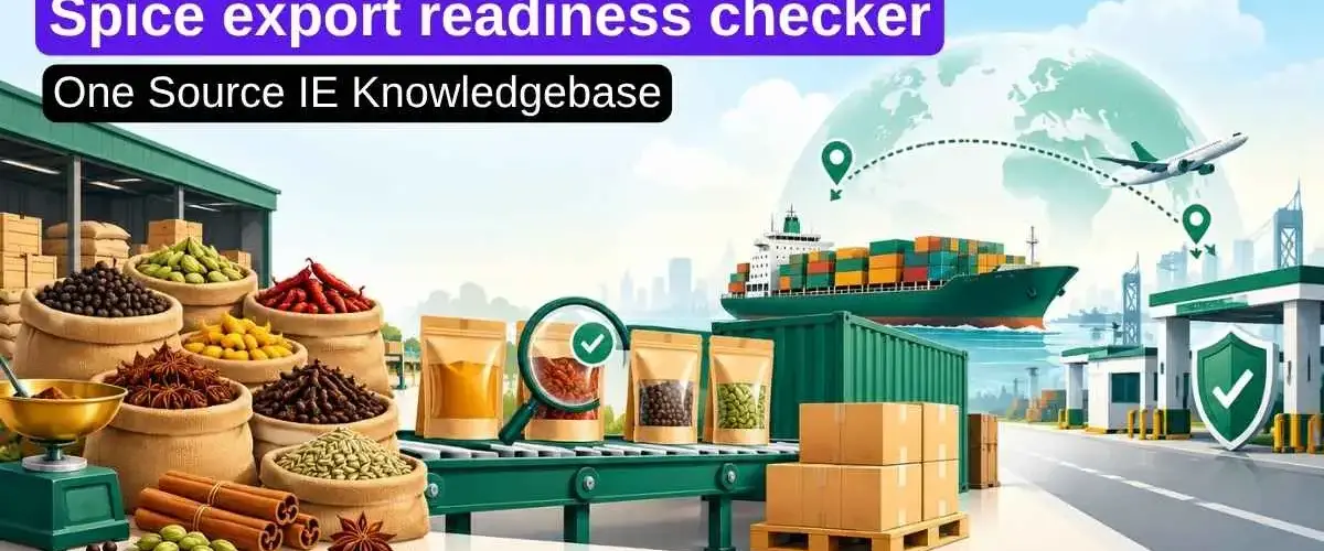 Illustration showing the spice export journey from India through quality checks, shipping and customs to international markets