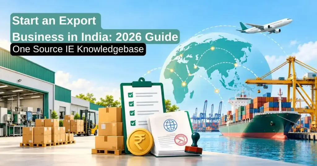Illustration of an Indian export journey from factory and customs documents to a cargo ship at port