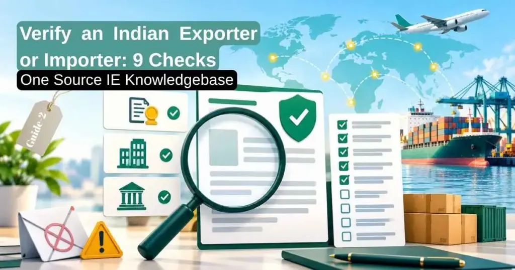 Illustration of a magnifying glass and nine-point checklist verifying an Indian exporter's company profile before an international shipment