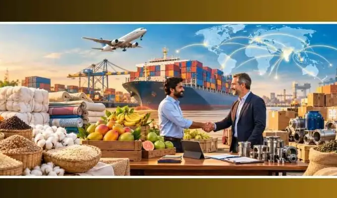 Indian exporters and importers shaking hands at a harbour with spices, cotton, fruit and machinery cargo, containers, a ship and a world trade map