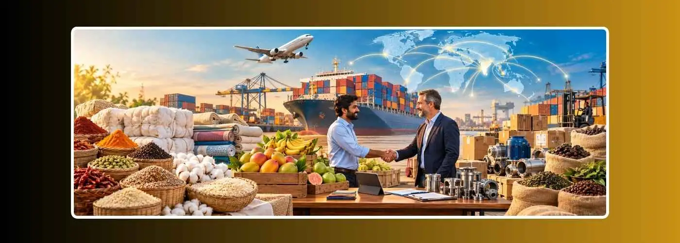 Indian exporters and importers shaking hands at a harbour with spices, cotton, fruit and machinery cargo, containers, a ship and a world trade map