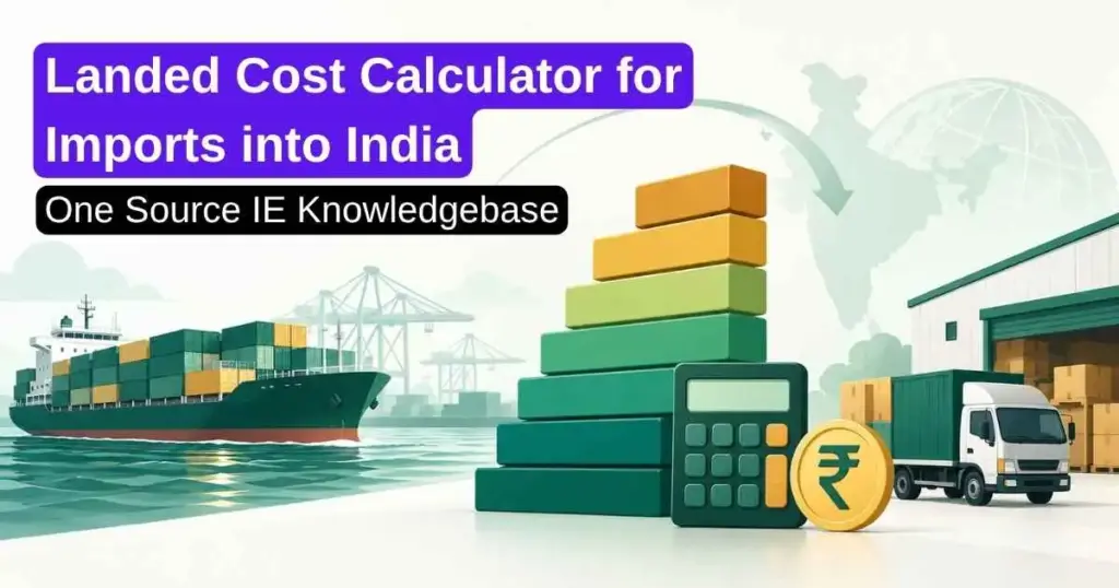 Illustration of a shipping container, stacked cost-layer blocks and a calculator representing landed cost calculation for imports into India