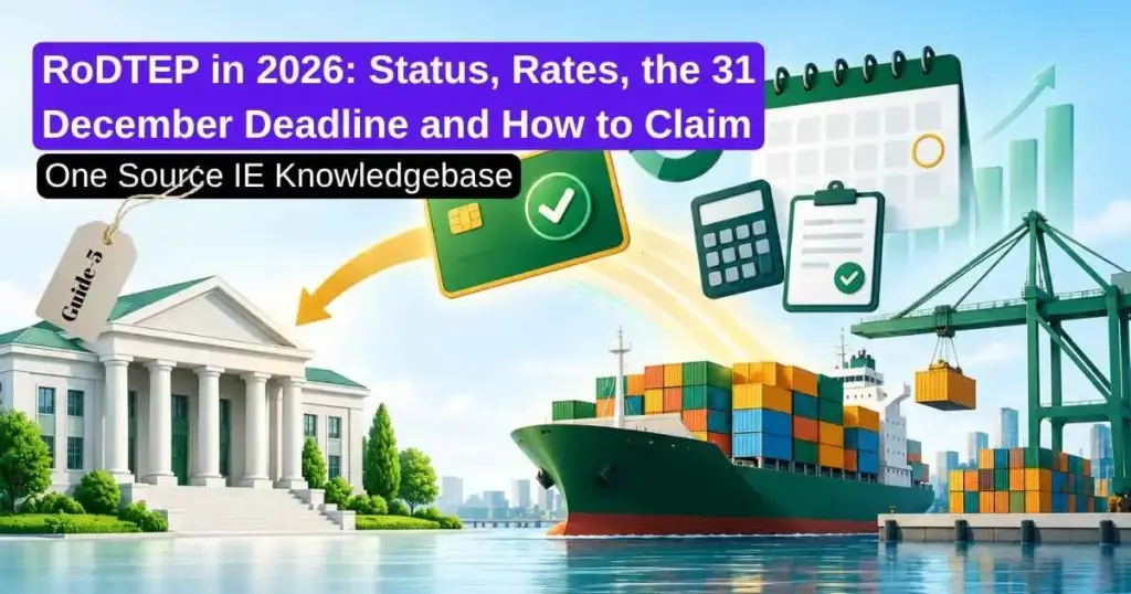 RoDTEP in 2026 illustrated with an export container ship, refund voucher, calculation tools, compliance documents and deadline calendar